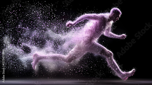 Abstract Runner in Motion: Purple Particle Trail Against Black Background