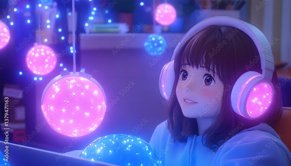 Fototapeta premium Anime girl with headphones in a magical, glowing room