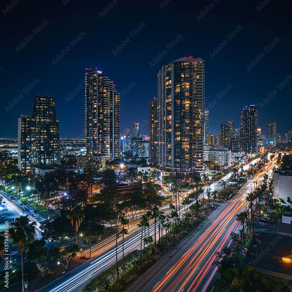 Fototapeta premium Night cityscape with illuminated skyscrapers and light trails on a highway.