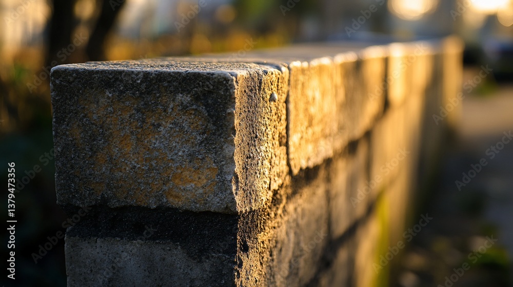 Close-up of a low brick wall bathed in warm sunset light. Close-up of a low brick wall bathed in warm sunset light.