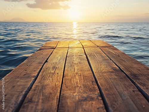 Wooden pier extending into calm ocean at sunset.