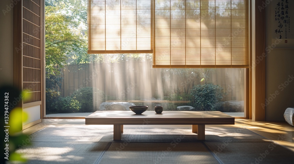 Fototapeta premium Sunlit minimalist room with low table, shoji screens, and zen garden view.