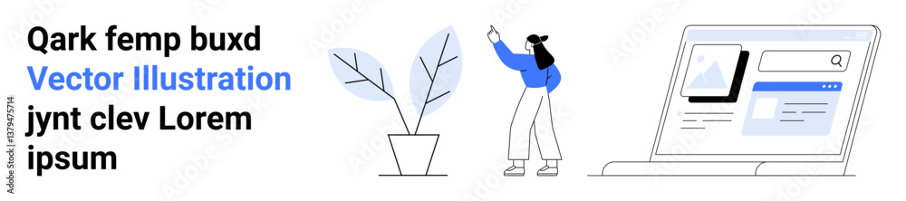 Woman gesturing toward laptop screen with webpage interface displayed, potted plant nearby. Ideal for teamwork, education, creativity, technology, workspace, productivity, simple landing page Woman gesturing toward laptop screen with webpage interface displayed, potted plant nearby. Ideal for teamwork, education, creativity, technology, workspace, productivity, simple landing page