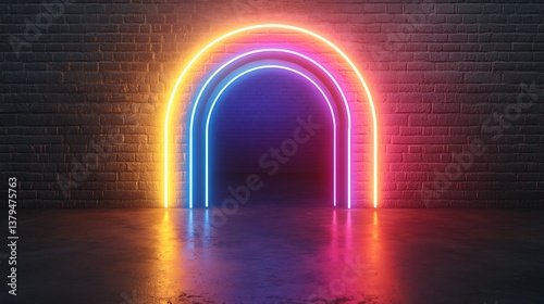 Neon Illuminated Arches With Colorful Lights Against Brick Wall