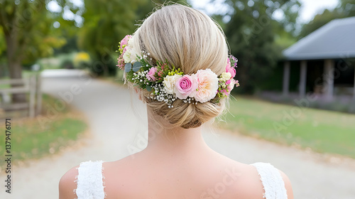 Elegant blonde bridal updo adorned with a floral crown photo