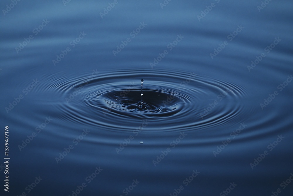 Water droplet impact creating concentric ripples on calm blue water surface.