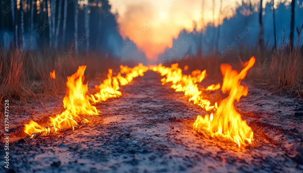 Fiery path through a forest at sunset, flames burning along a dirt road Fiery path through a forest at sunset, flames burning along a dirt road
