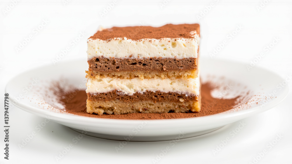 Delicious Layered Dessert with Creamy Filling and Cocoa Powder on White Plate for Culinary Inspiration Delicious Layered Dessert with Creamy Filling and Cocoa Powder on White Plate for Culinary Inspiration