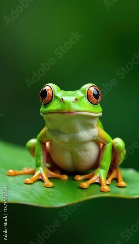 Green frog on a leaf with silly expression and wiggling legs , greenfrog, sitting, green