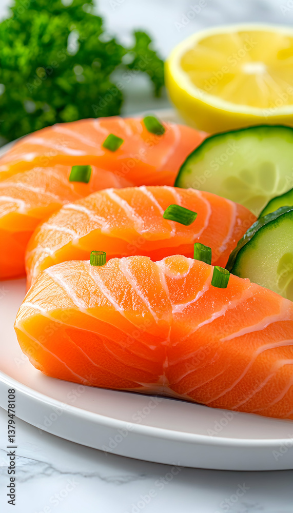 Fresh salmon fillets with lemon, cucumber, and parsley Fresh salmon fillets with lemon, cucumber, and parsley