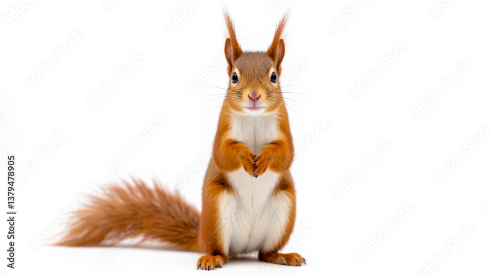 Fototapeta premium Cute Red Squirrel Standing Upright with Fluffy Tail Against a White Background