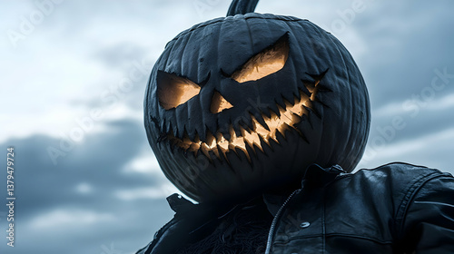 Carved Halloween Pumpkin with Glowing Face Against Dark Clouds