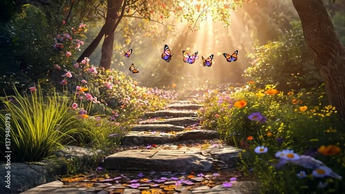 Sunlit stone path through magical flower garden
