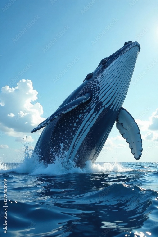 Fototapeta premium Gigantic gray whale breaching into ocean waters, wildlife, ocean, water