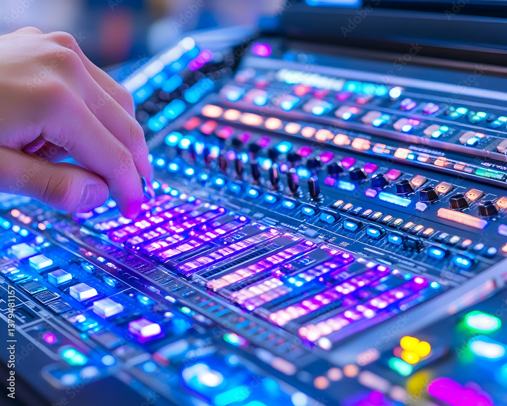 Obraz premium Hand adjusting colorful audio mixing console