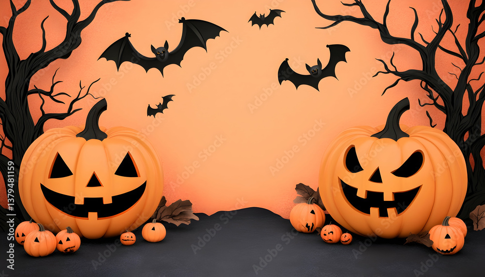 Halloween pumpkins, bats, and spooky trees against an orange background Halloween pumpkins, bats, and spooky trees against an orange background