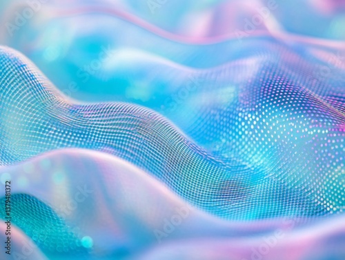 Abstract iridescent blue and pink wavy mesh background.