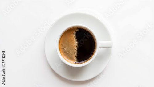 Freshly Brewed Coffee Cup with Rich Foam on White Background for Morning Beverage Delight