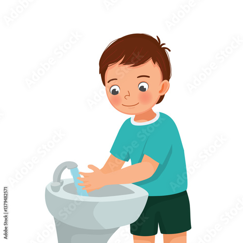 Little boy washing hands with running water at the sink 