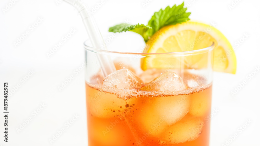 Refreshing Cold Beverage with Ice, Lemon Slice, and Mint Leaf in Glass with Straw on White Background Refreshing Cold Beverage with Ice, Lemon Slice, and Mint Leaf in Glass with Straw on White Background