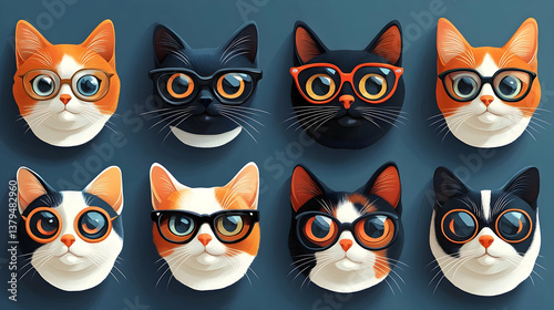 Wallpaper Mural Eight cute cat faces wearing different styles of spectacles Torontodigital.ca
