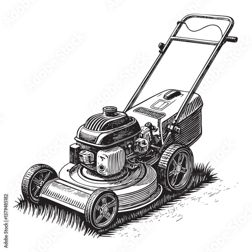 lawn mower vector engraving illustration