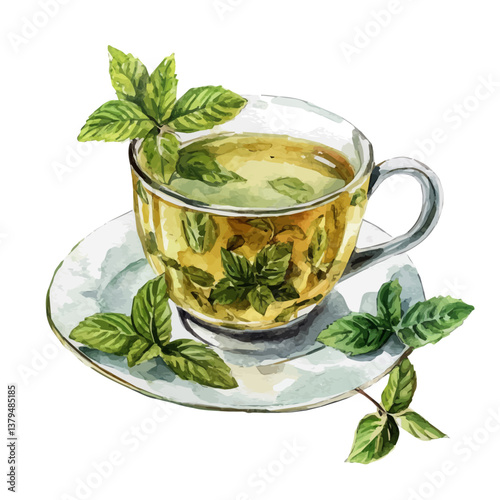 watercolor vector of Peppermint Tea, isolated on a white background. Peppermint Tea vector
