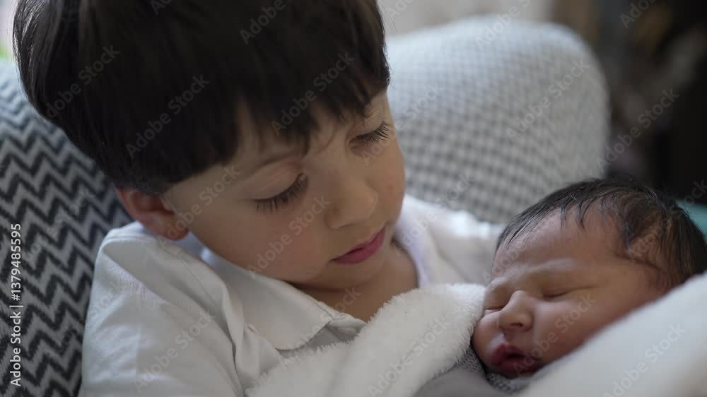 Young boy gently holding newborn sibling on couch, serene moment, family bonding, sibling love, peaceful home, indoor setting, tender scene, family care, affectionate, new addition Young boy gently holding newborn sibling on couch, serene moment, family bonding, sibling love, peaceful home, indoor setting, tender scene, family care, affectionate, new addition