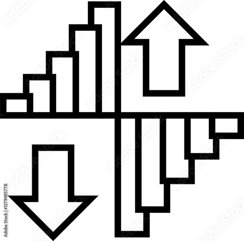 Financial market histogram icon with up and down arrows representing stock market trends and analytics with transparent background