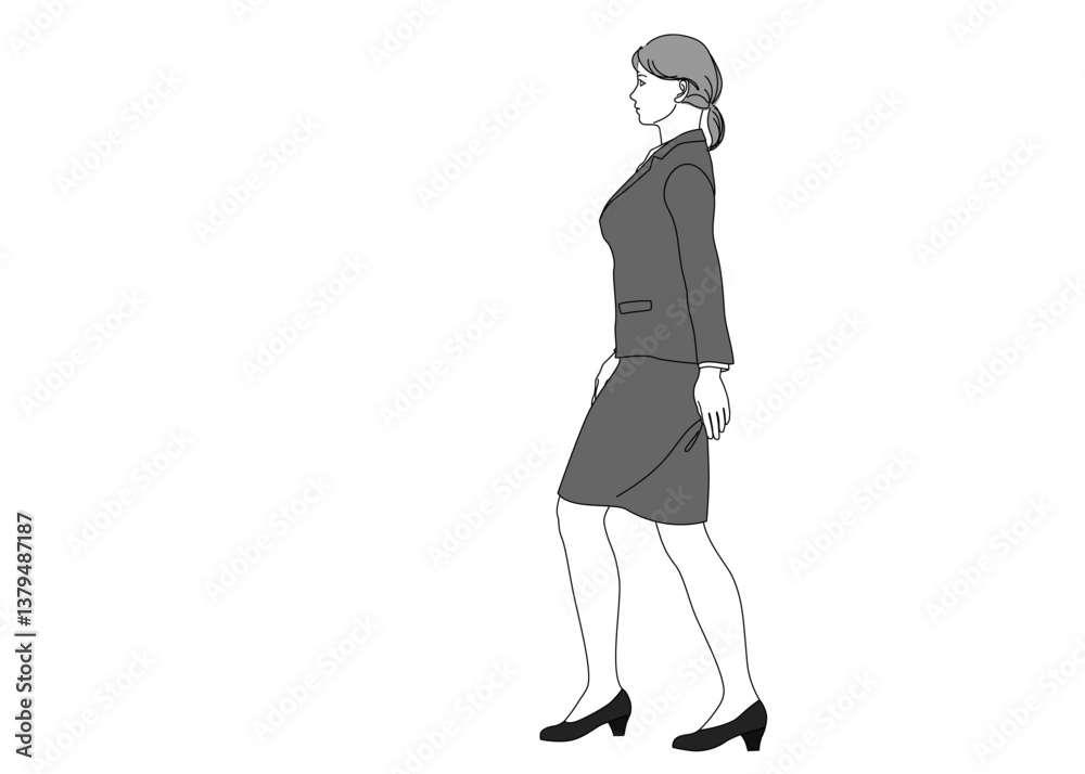 スーツを着た歩く女性会社員 ビジネスウーマンのイラスト 全身横向き 横顔