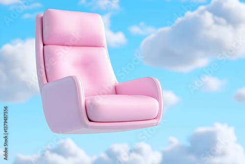 Pink armchair floats amidst fluffy clouds in a dreamy sky
