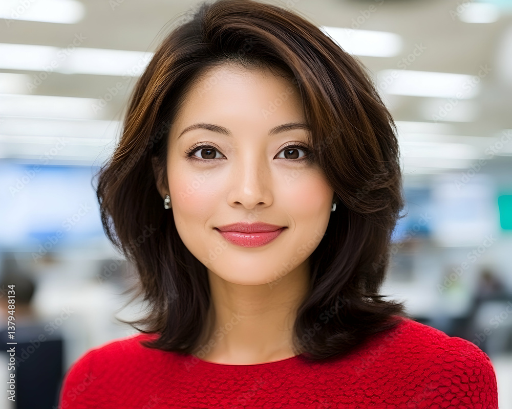 Portrait of a smiling Asian woman with shoulder-length brown hair, wearing a red top Portrait of a smiling Asian woman with shoulder-length brown hair, wearing a red top