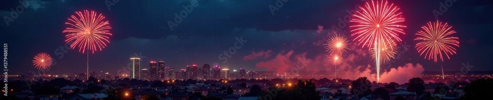 Fireworks exploding in the night sky over a cityscape with New Year countdown, new year, cityscape Fireworks exploding in the night sky over a cityscape with New Year countdown, new year, cityscape
