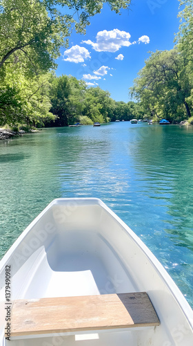 Serene riverboat ride on a sunny day, passing lush green banks