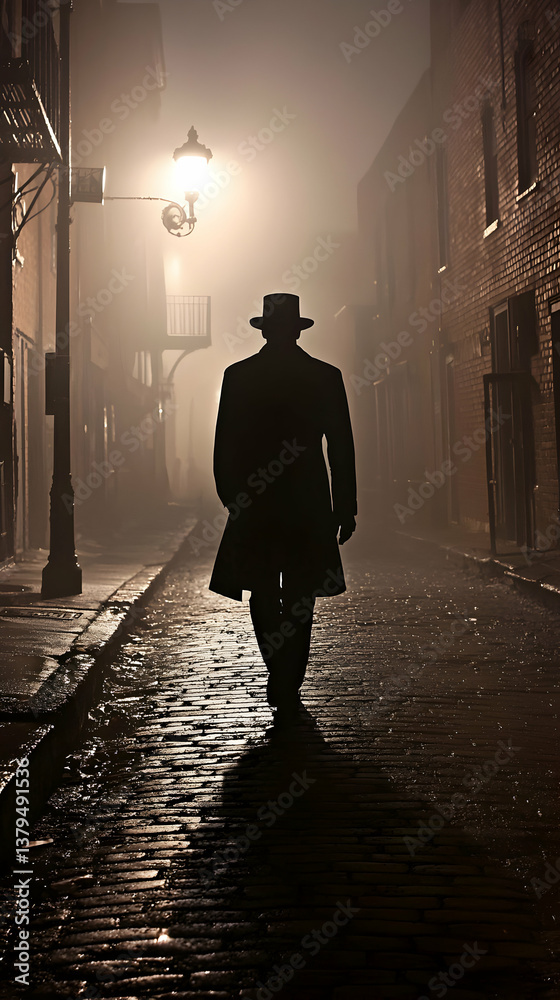 Silhouette Of A Man Walking Alone In A Foggy City Street At Night Silhouette Of A Man Walking Alone In A Foggy City Street At Night