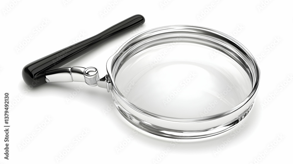 Sleek silver magnifying glass with black handle, isolated on white Sleek silver magnifying glass with black handle, isolated on white