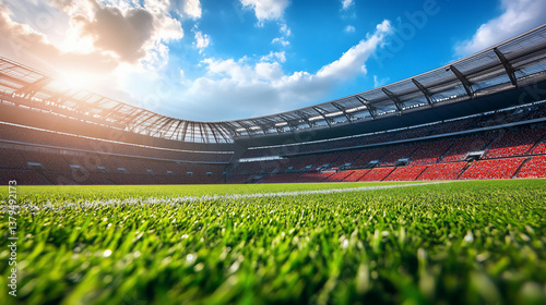 Sunny day at a full stadium, green grass field.