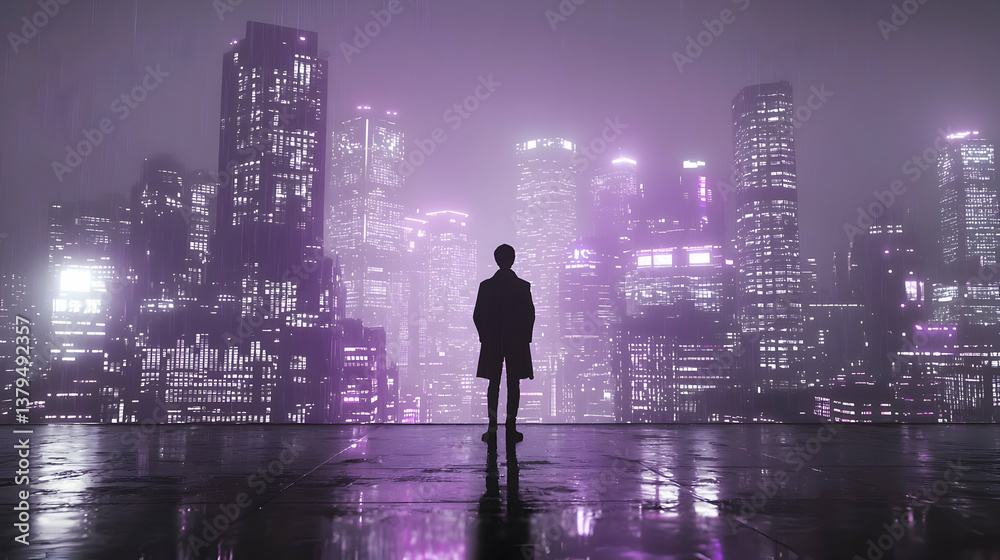 Silhouette of a Person in a Rainy Futuristic City at Night Silhouette of a Person in a Rainy Futuristic City at Night
