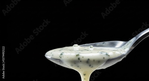 A close up of a metal spoon filled with a creamy white sauce against a black background space for text