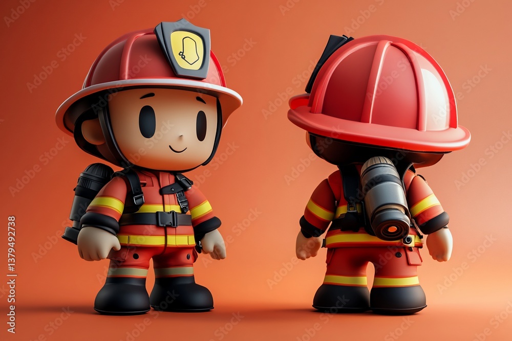 Cute 3D rendered firefighter character model, front and back view.