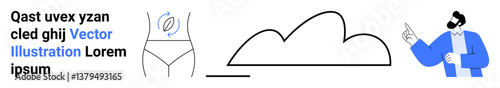 Abstract cloud, minimal body lines, and man gesturing at highlighted text. Ideal for fashion, tech, communication, creativity, branding, storytelling simple landing page