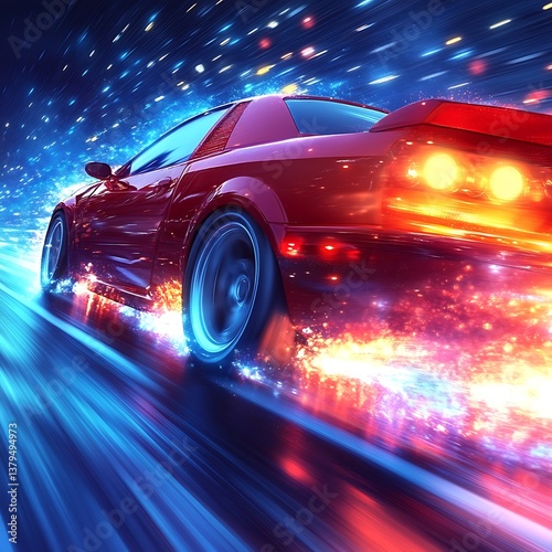 Red sports car night speed blur.