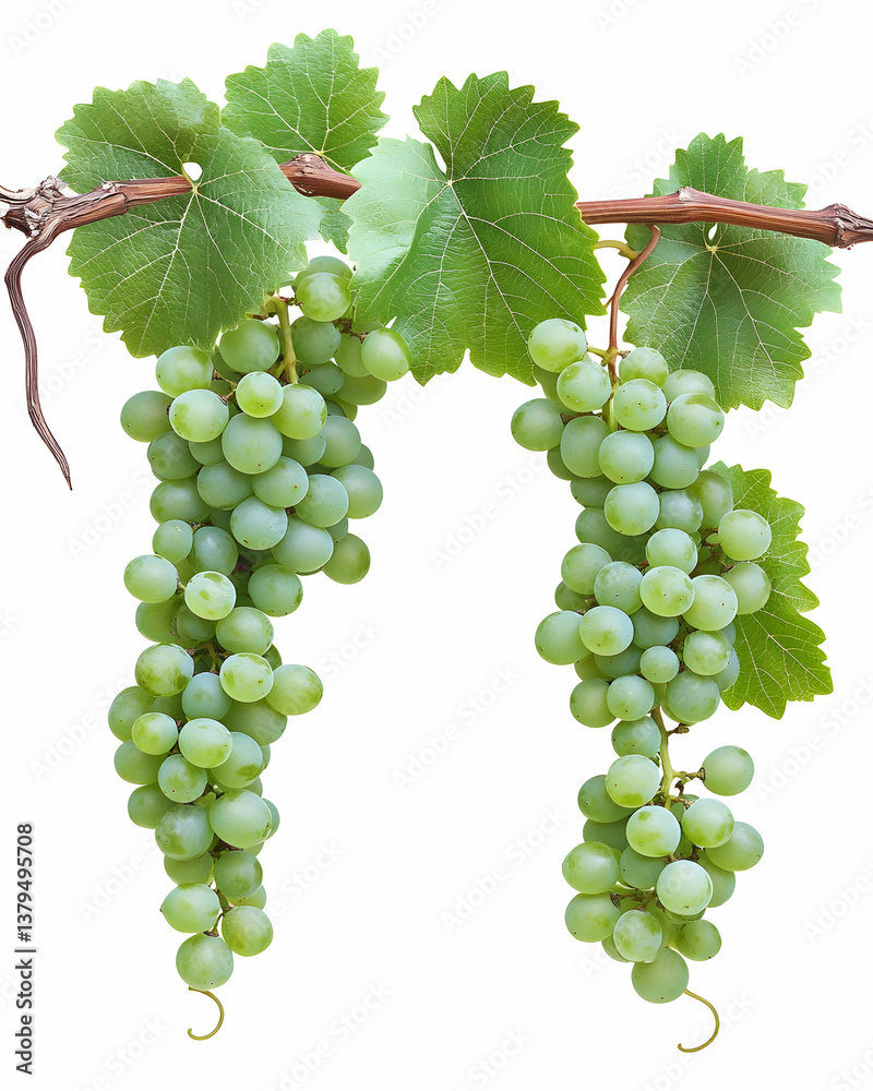 Obraz premium Two bunches of light green grapes hanging from a vine with leaves, isolated on white