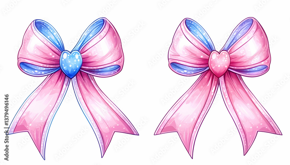 Two pastel pink and blue bows with heart centers, digitally rendered Two pastel pink and blue bows with heart centers, digitally rendered