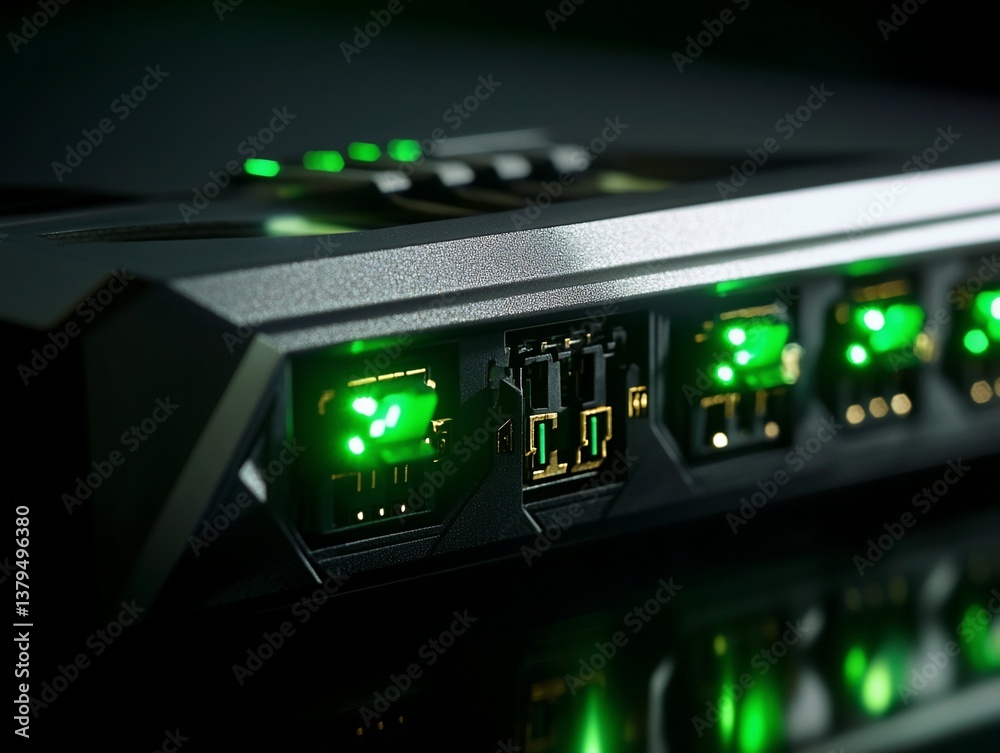Close-up of a sleek, black tech device with glowing green indicator lights and multiple ports. Close-up of a sleek, black tech device with glowing green indicator lights and multiple ports.