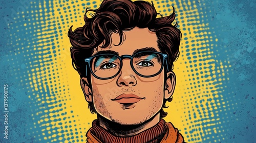 Comic-style man with curly hair and glasses with blue dotted background