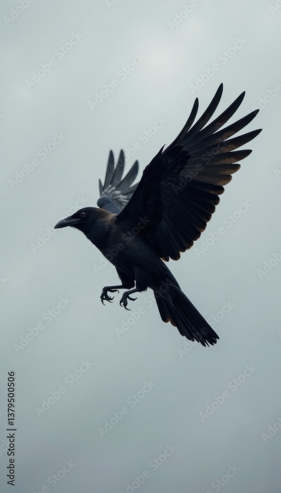 Fototapeta premium Dark silhouetted bird crow in flight against pale grey background, crow, black and white, bird silhouette