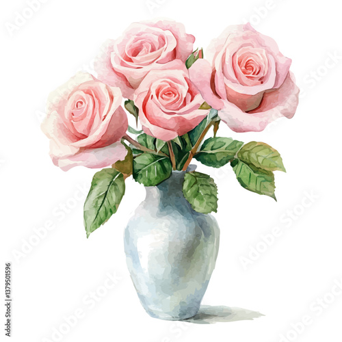 watercolor vector of Pink roses in a vase, isolated on a white background. Pink roses in a vase vector
