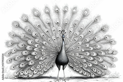 A beautiful detailed illustration of an elegant peacock spreading its feathers
