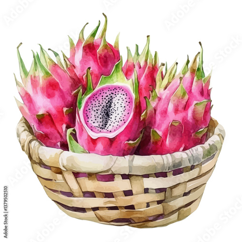 watercolor vector of Pitaya Dragon Fruit basket, isolated on a white background. Pitaya Dragon Fruit basket vector
